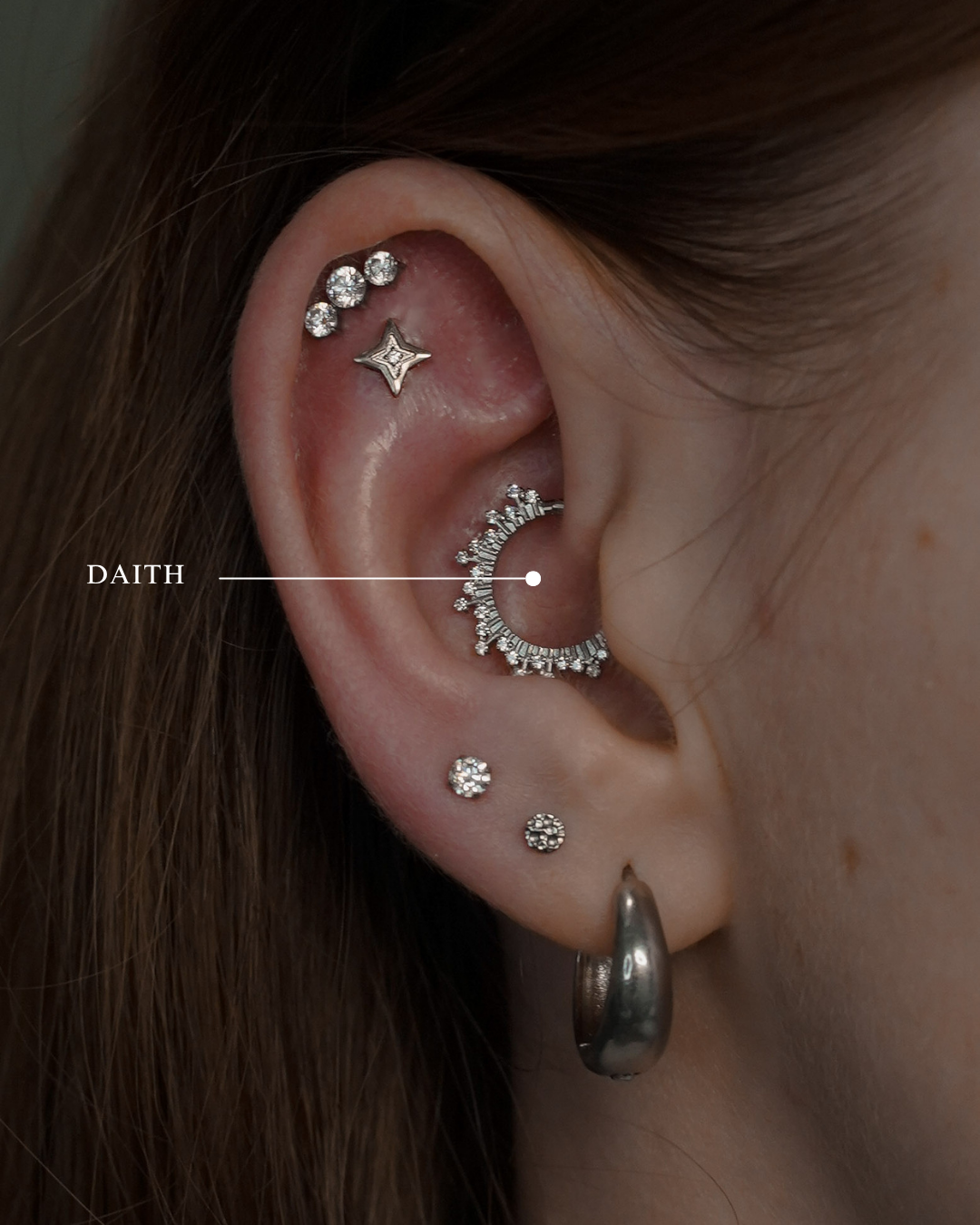 Daith piercing location in inner ear cartilage fold