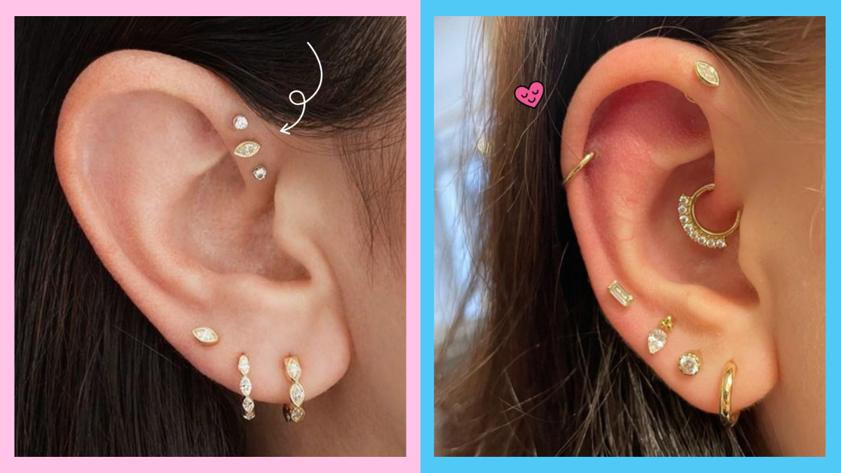 Person with stylish double helix piercing on both ears