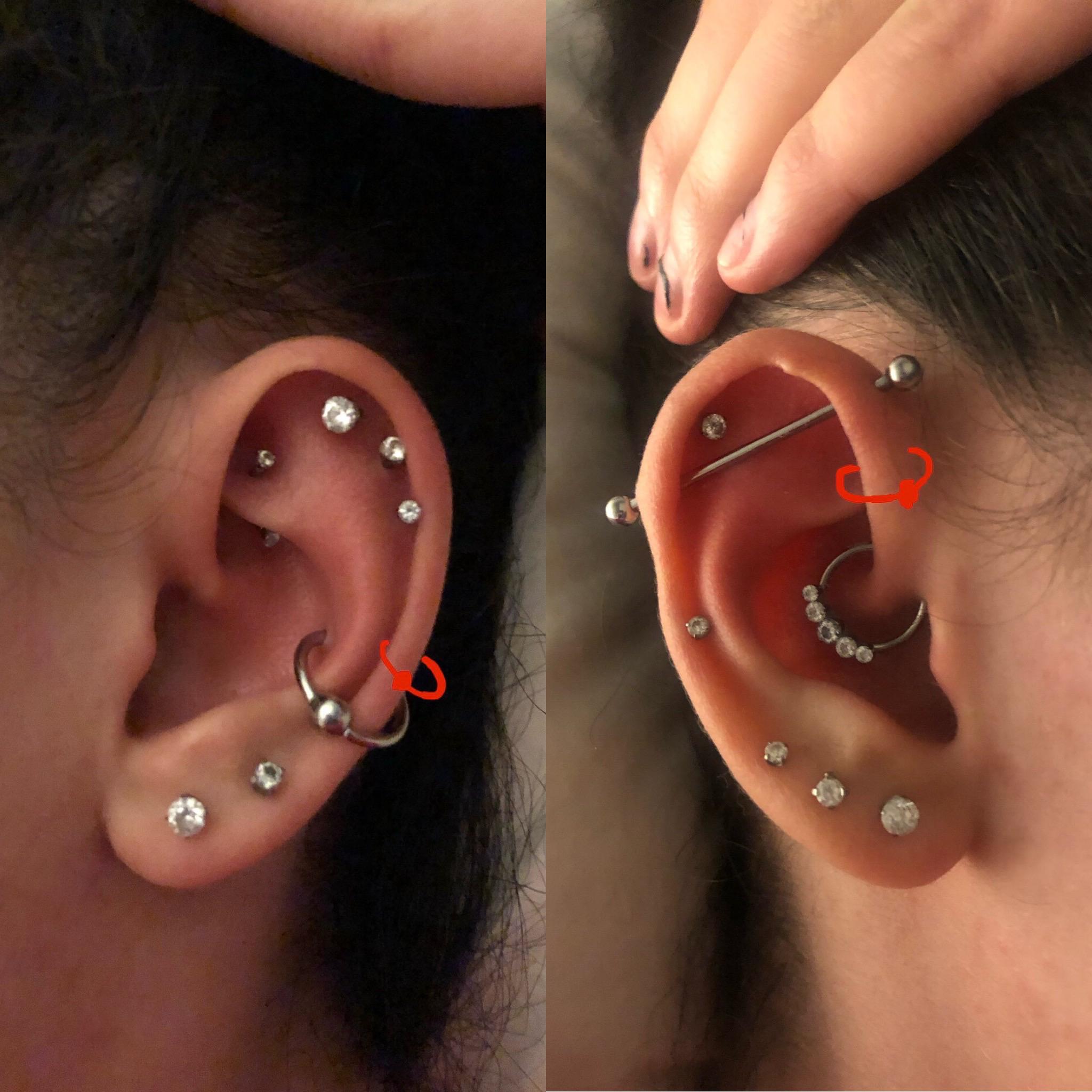 Close-up of a well-healed helix piercing on a person\'s ear