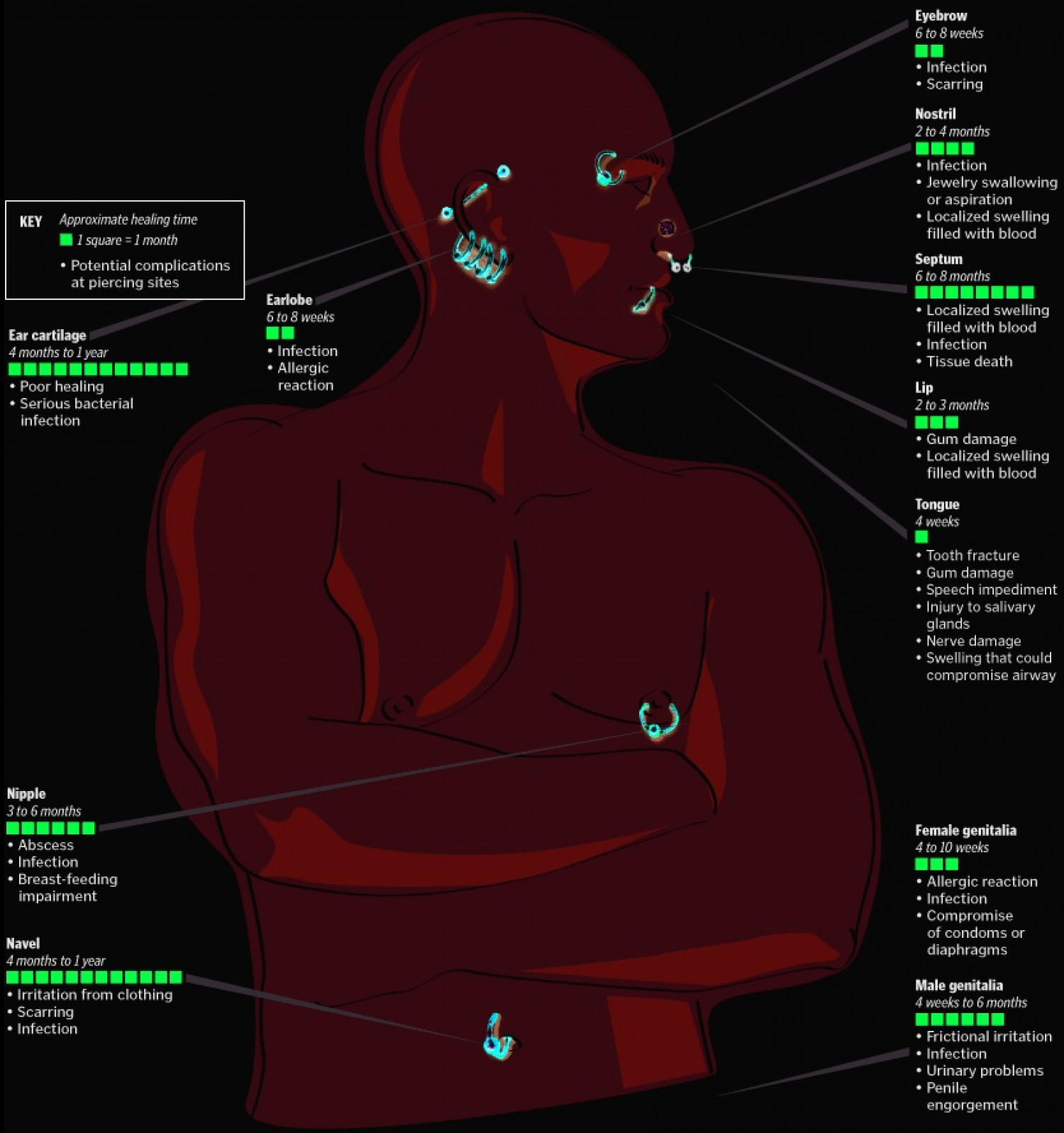 Infographic showing healing times for various types of body piercings